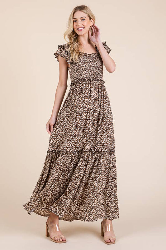 Leopard Ruffle Sleeve Tiered Maxi Dress