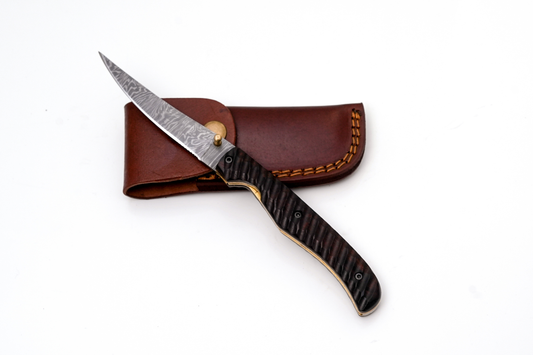 Hand-Forged Damascus Slim Folder | Textured Dark Wood Handle & Intricate Spine File Work