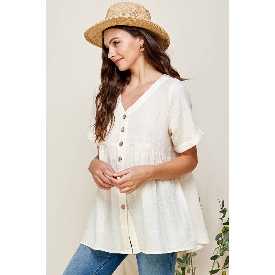 Loose Fit Ivory V-Neck Short Sleeve Button Down Top