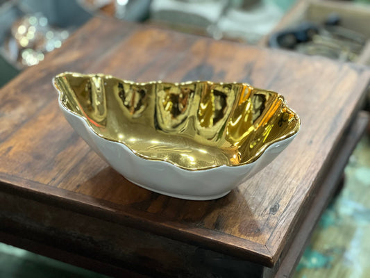 10 Strawberry Street Metallic Gold Porcelain Fluted Scalloped Oval Serving Bowl - The Mustard Seed Collection, The Seed