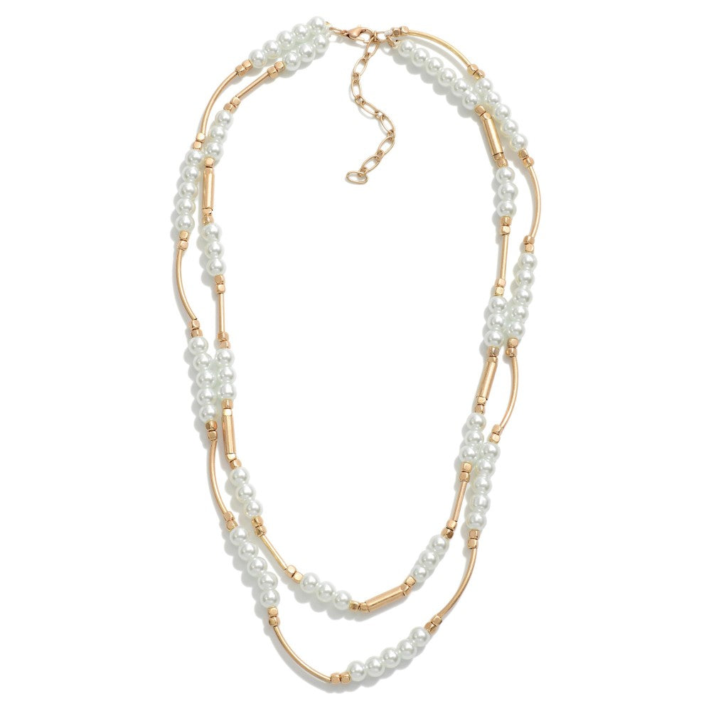 Two Strand Pearl and Gold Tone Bead Necklace