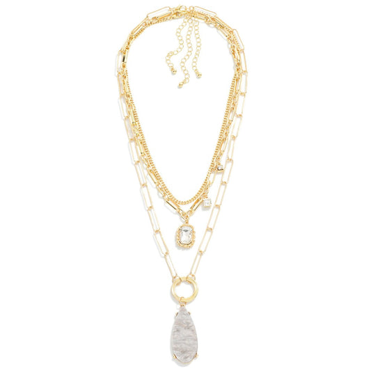 Layered Metal Chain Link Necklace With Rhinestone and Acetate Teardrop Pendants Gray