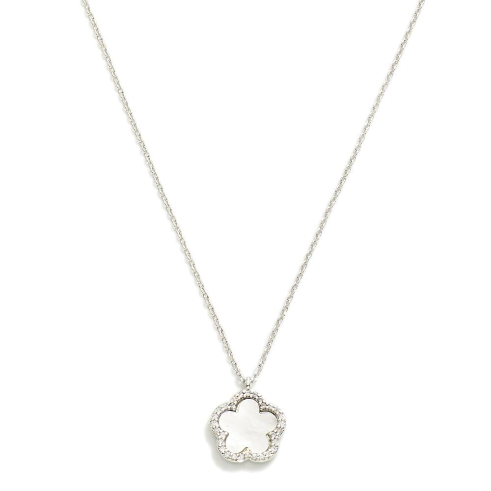 Gold Dipped Dainty Chain Link Necklace Featuring Flower Pendant With Rhinestone Border Silver White