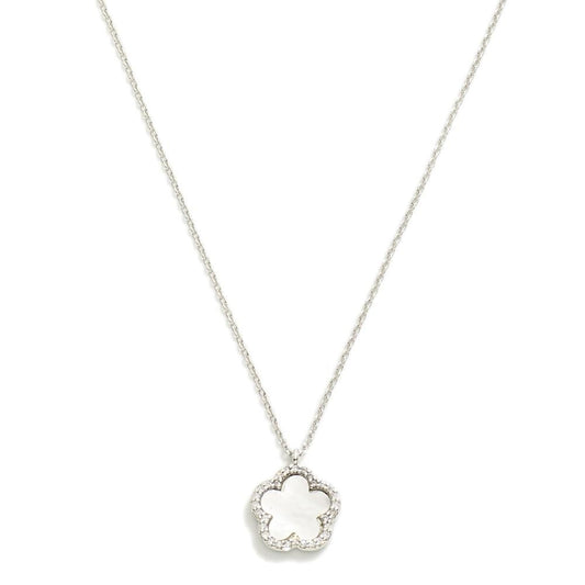 Gold Dipped Dainty Chain Link Necklace Featuring Flower Pendant With Rhinestone Border Silver White