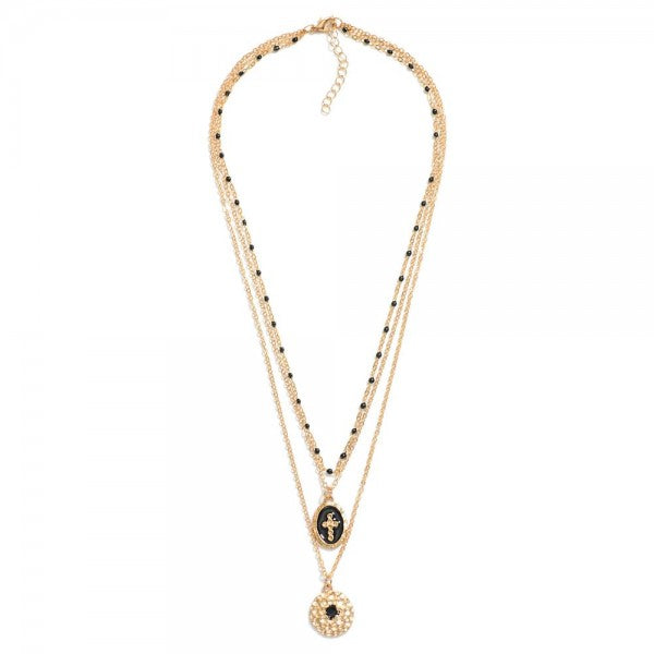 Layered Chain Link Necklace Featuring Cross & Hammered Metal Pendants