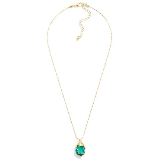 Gold Tone Ball Chain Necklace Featuring Wire Wrapped Glass Crystal Pendant