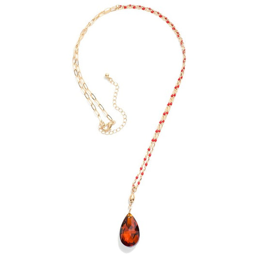 Long Chain Link Necklace With Painted Dot Detail & Teardrop Pendant Red