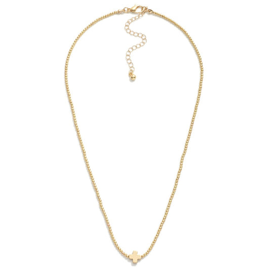 Metal Tone Beaded Necklace Featuring Criss Cross Station Gold