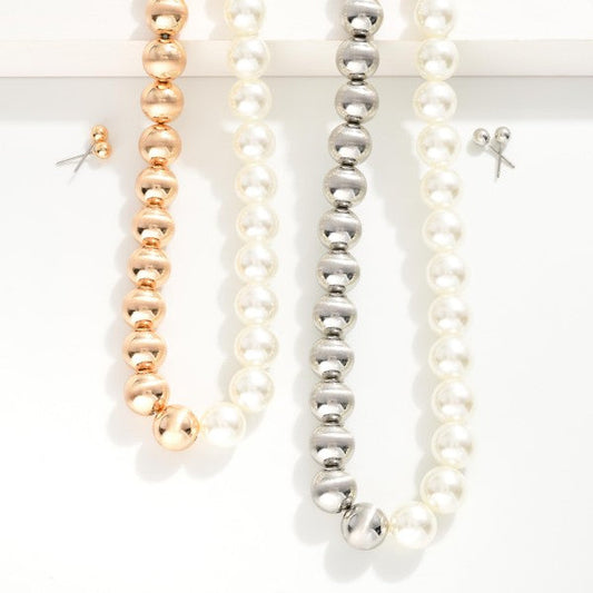 Beaded Necklace Featuring Pearls & Metal Tone Beads