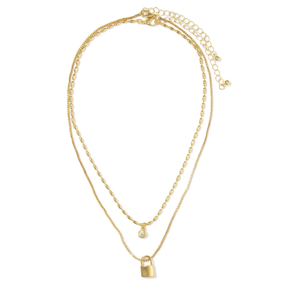 Set Of Two Chain Link Necklace Featuring Rhinestone & Lock Pendants