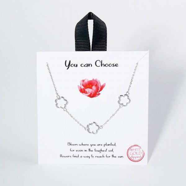 Dainty Chain Link Necklace Featuring Metal Tone Hollow Flower Stations Silver