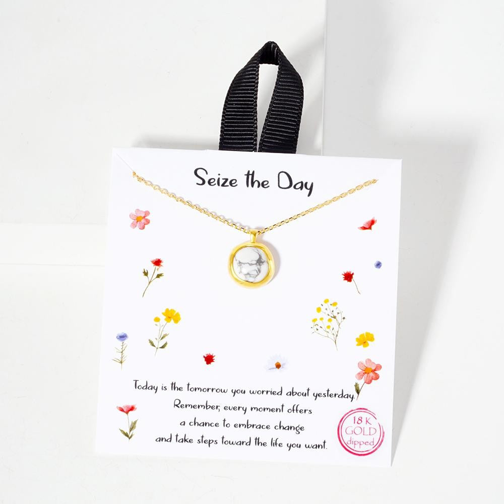 Dainty Chain Link Necklace Featuring Metal Tone & Stone Pendant Gold White Marble