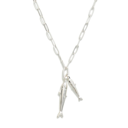 Paperclip Chain Link Necklace Featuring Fish Pendants Silver