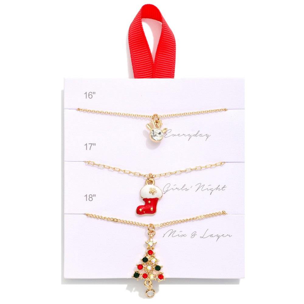 Set Of Three Chain Link Christmas Pendant Necklaces