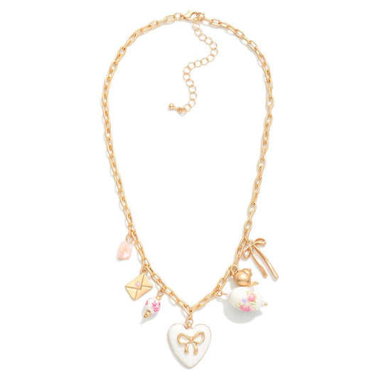 Chain Link Necklace Featuring Metal Tones & Porcelain Charms pink