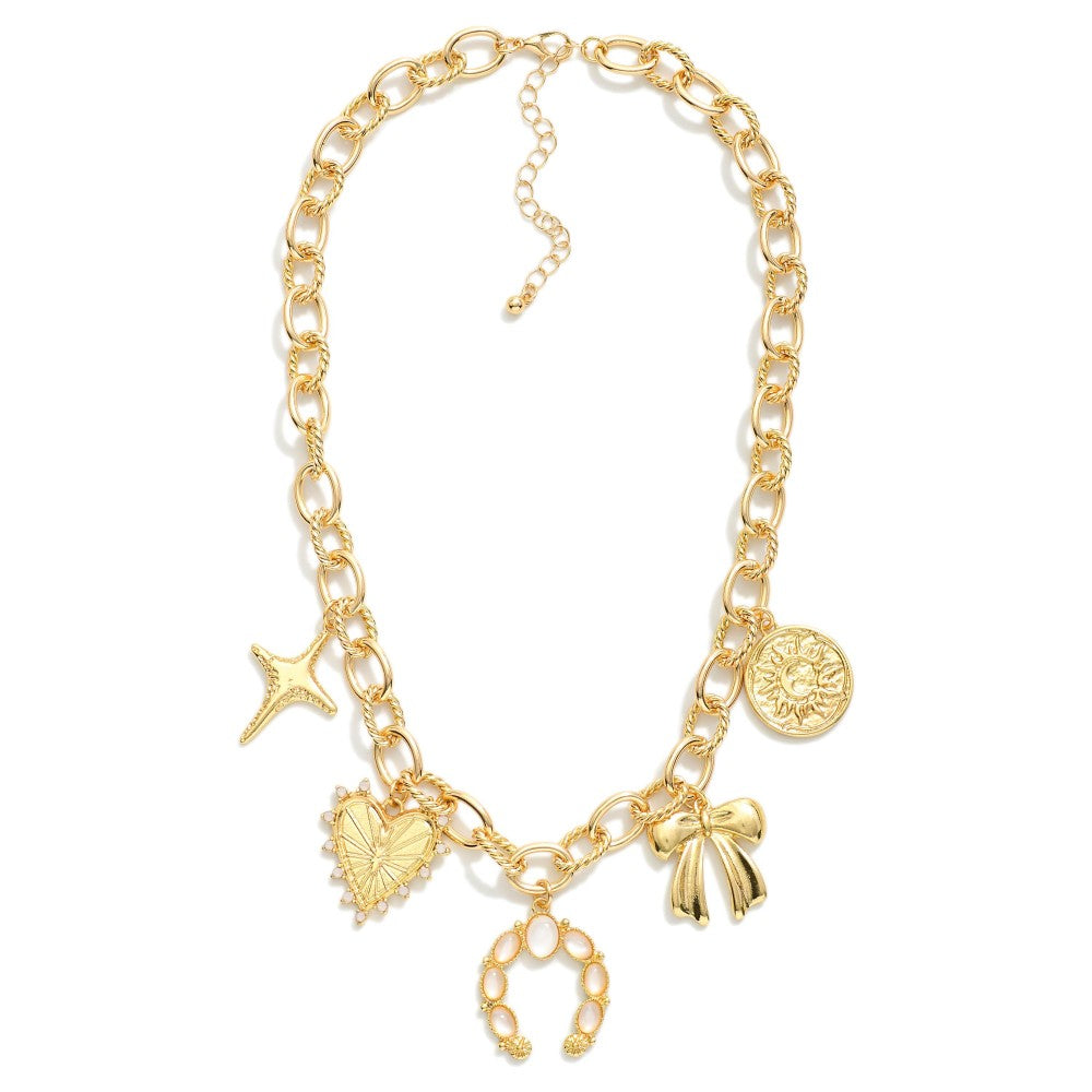 Chain Link Charm Necklace Featuring Twisted Links & Metal Tone Charms