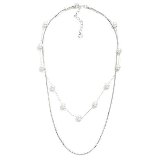 Layered Chain Link Necklace Featuring Pearl Stations Silver