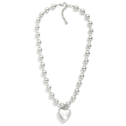 Chunky Ball Chain Necklace Featuring Metal Tone Puffy Heart Pendant Silver