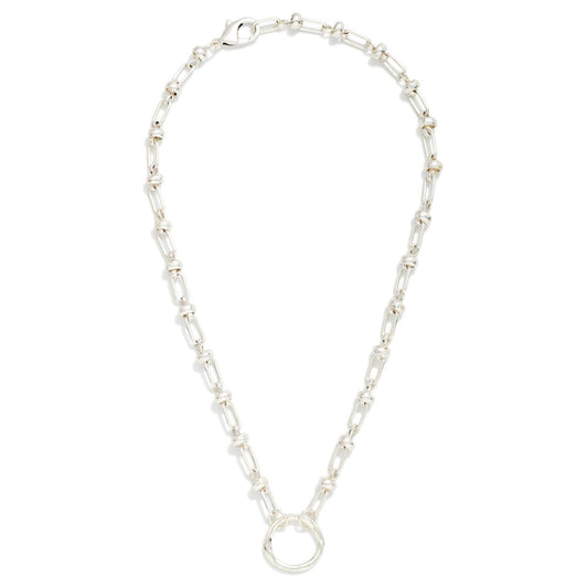 Oval Link Chain Link Necklace With Hoop Details & Metal Circle Pendant Silver