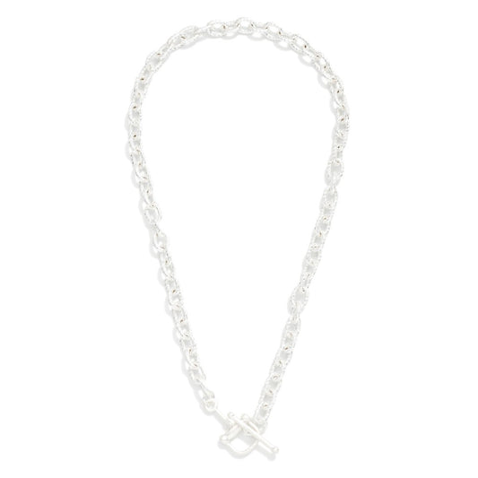 Twisted Metal Chain Link Necklace With Toggle Clasp Worn Silver