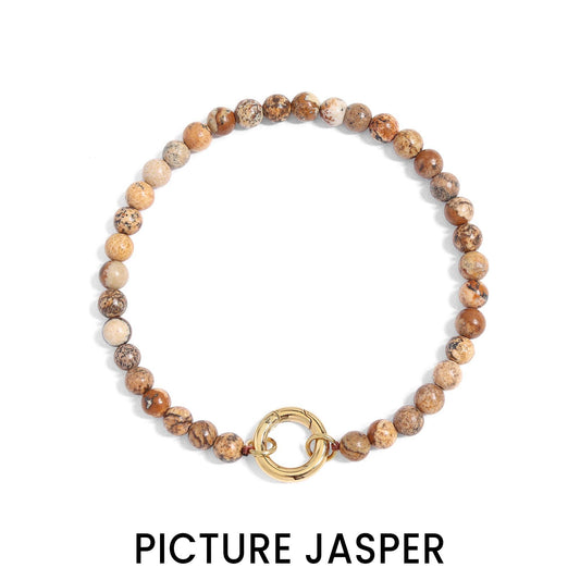 18K Gold PVD Stainless Steel Semi Precious Natural Stone Charm Keeper Bracelet: Gold / Picture Jasper WJW