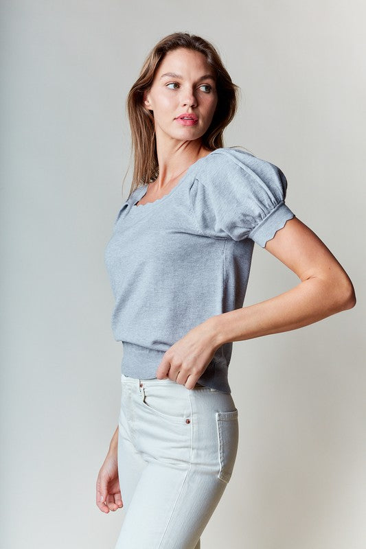 Gray Scallop Edge Puff Sleeve Crop Knit Sweater