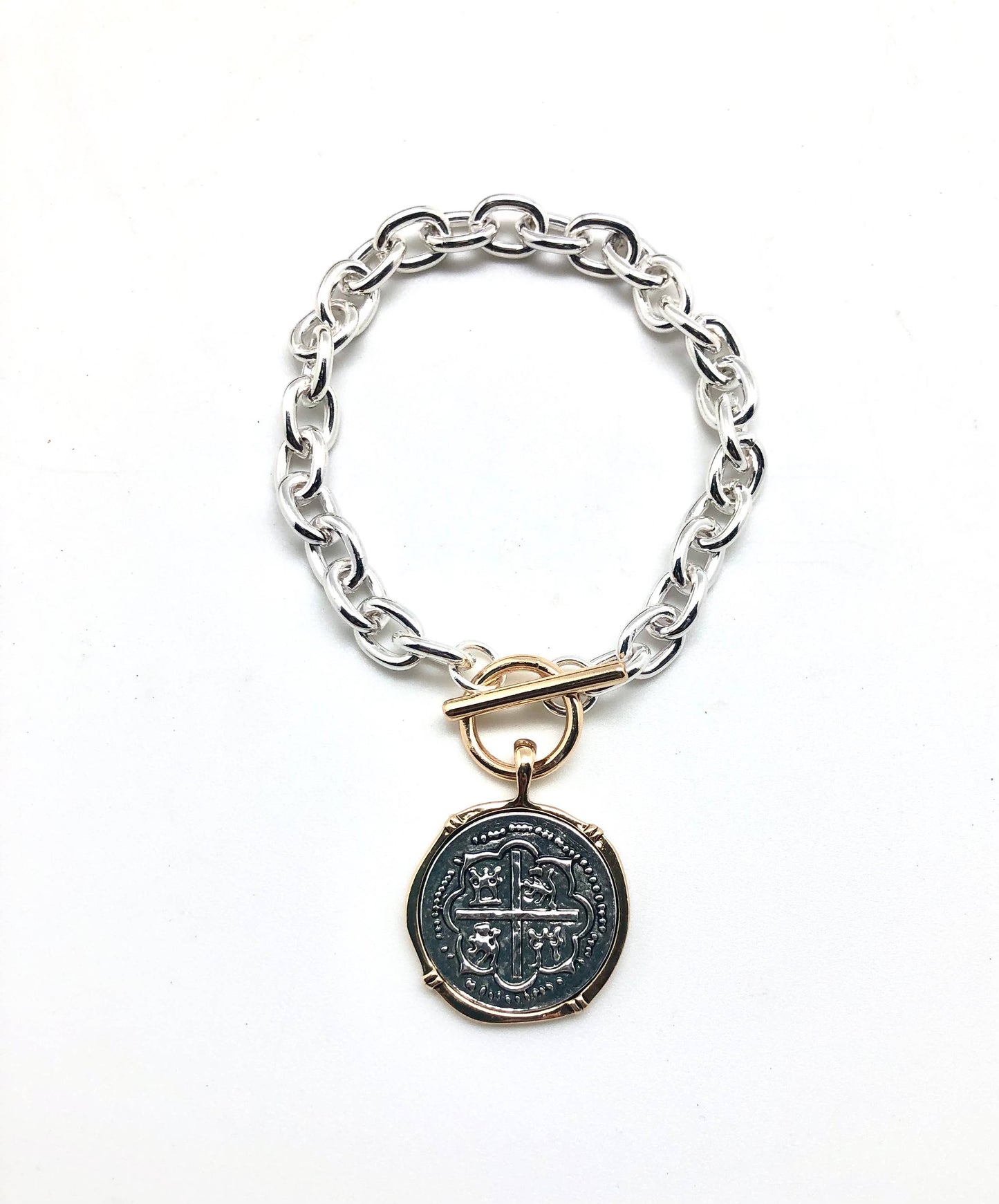 Bracelet Alloy Plated Link Chain Silver w/Two Tone CoinCharm