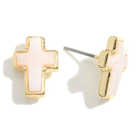 Druzy Cross Stud Earrings. White