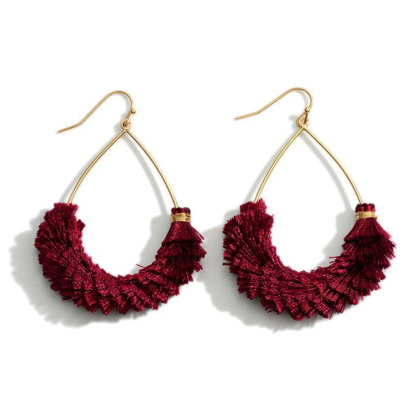 Textured Fringe Tassel Teardrop Earrings Wine