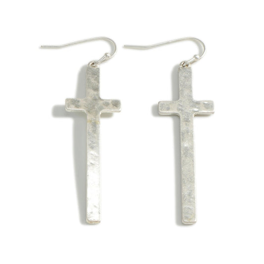 Metal Tone Cross Earrings Worn Silver