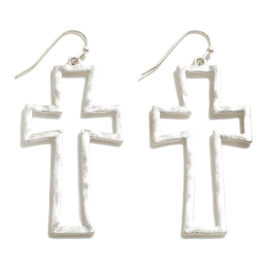 Metal Cross Drop Earrings Silver