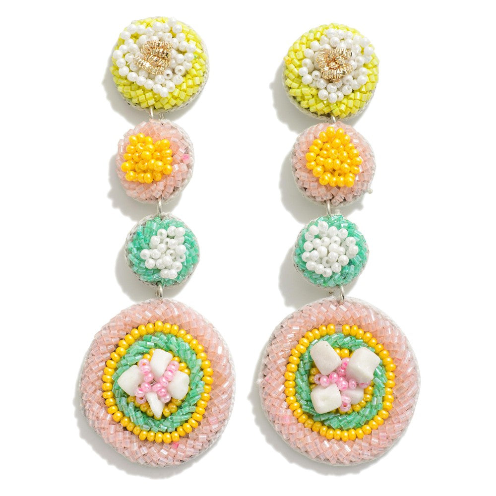 Pastel Circle Drop Seed Beaded Earrings With Stone Accent