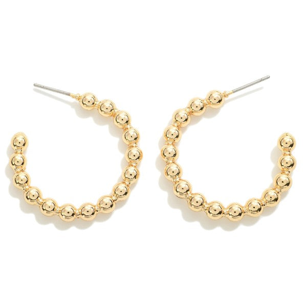Gold Fixed Metal Stud Bead Hoop Earrings Gold