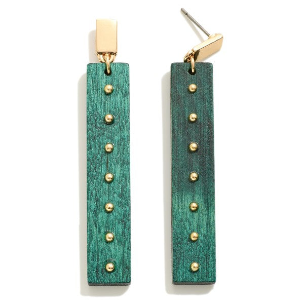 Green Rectangle Wood Drop Earrings With Beaded Detail Green