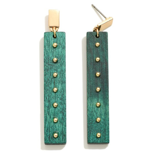 Green Rectangle Wood Drop Earrings With Beaded Detail Green