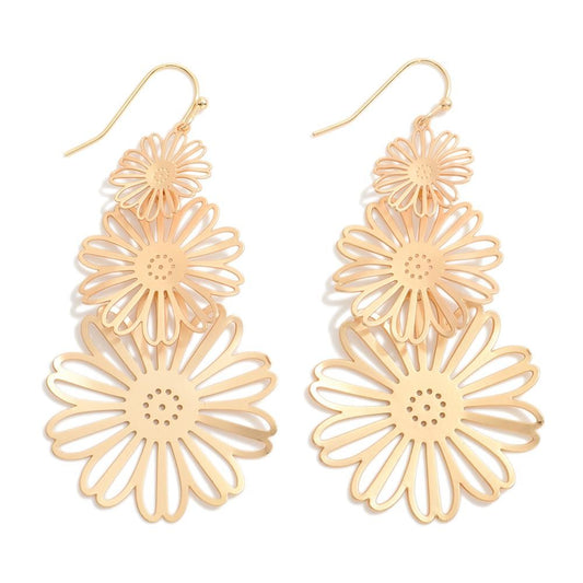 Metal Tone Linked Flower Drop Earrings Gold Gold