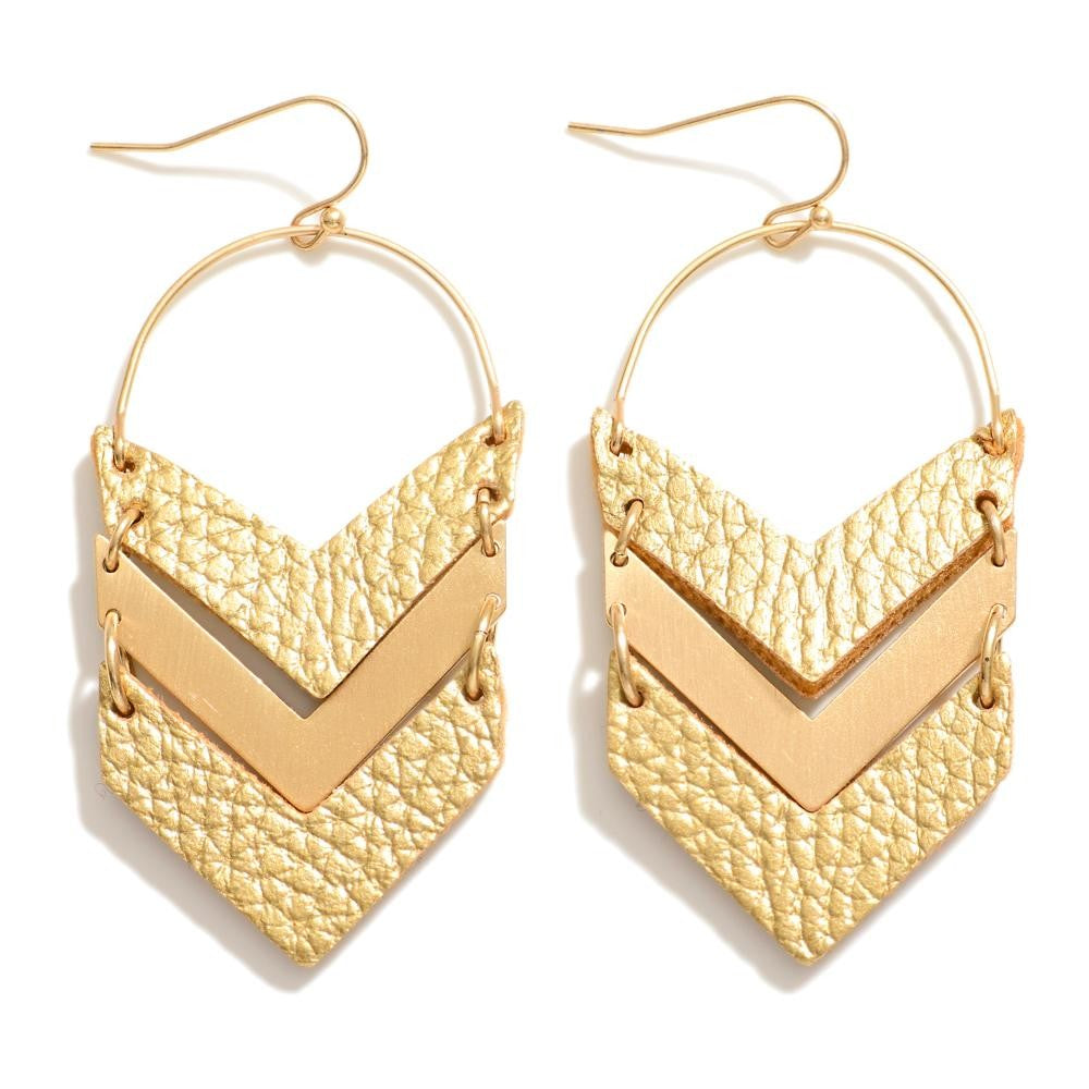 Vegan Leather Metal Tone Chevron Drop Earrings Gold
