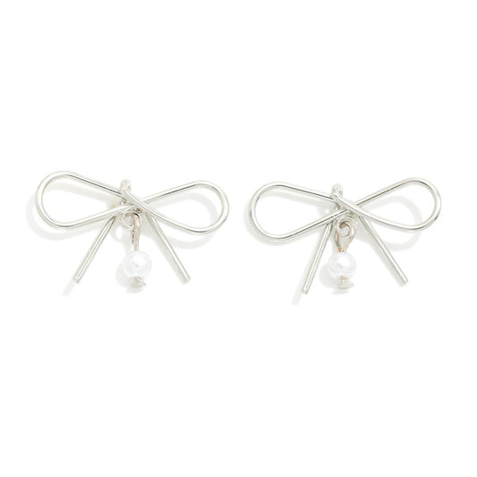 Metal Wire Bow Post Drop Earrings With Pearl Bead Dangles Silver