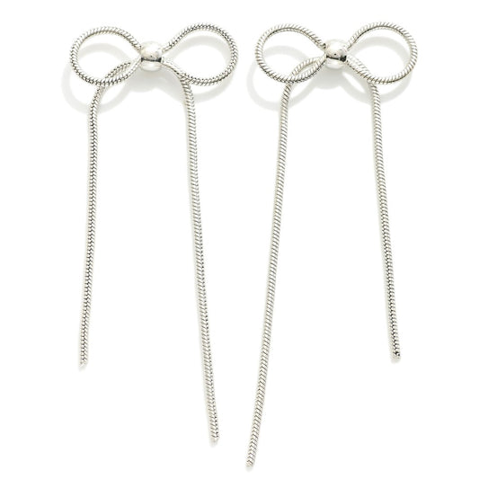 Long Metal Snake Chain Bow Post Drop Earrings Silver