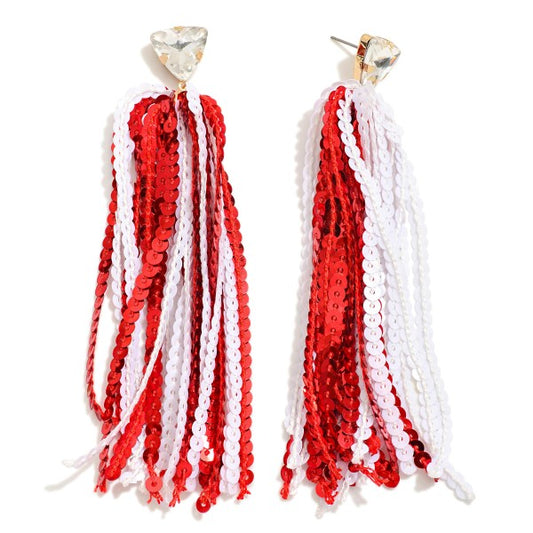 Red Long Sequin Tassel Game Day Drop Earrings With Rhinestone Stud Posts Red White