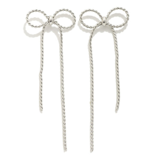 Long Metal Tone Rope Chain Bow Earrings Silver