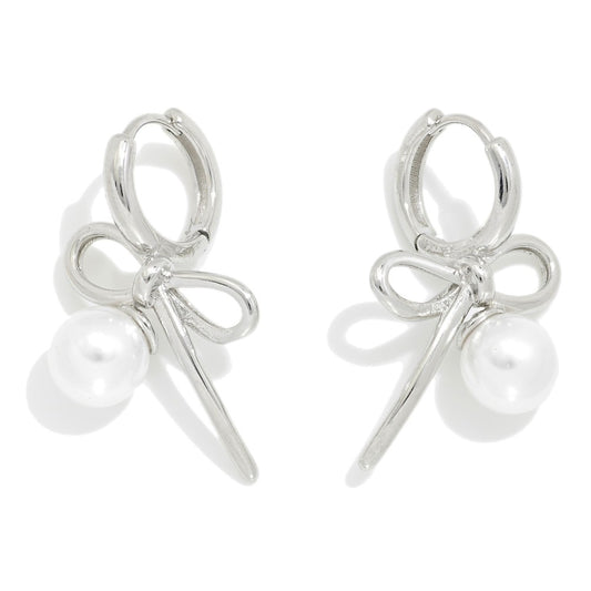 Metal Bow Huggie Hoop Earrings With Pearl Charms Silver