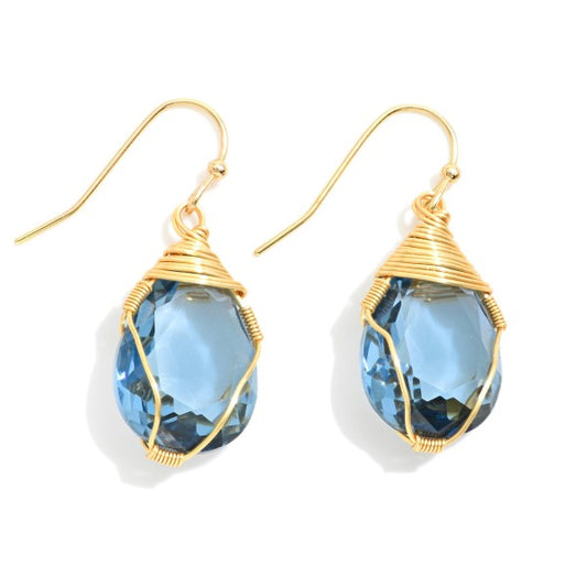 Blue Wire Wrapped Glass Crystal Drop Earrings Blue