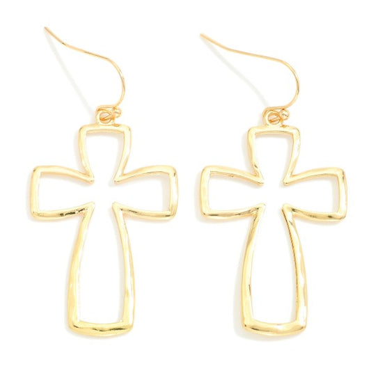 Gold Rounded Metal Cross Drop Earrings Gold