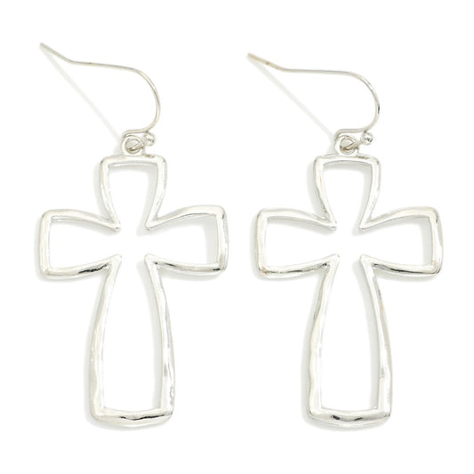 Rounded Metal Cross Drop Earrings Silver