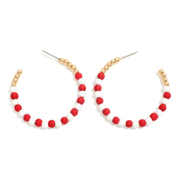 Red and White Candy Cane Beaded Hoop Earrings Featuring Matte & Gold Beads Red White