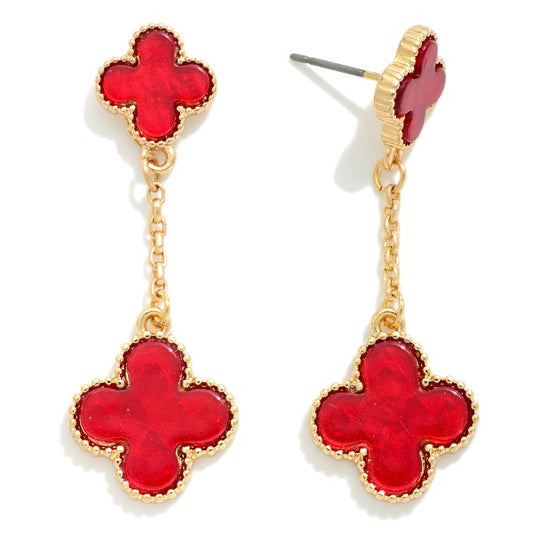Red Chain Linked Clovers Post Drop Earrings Red