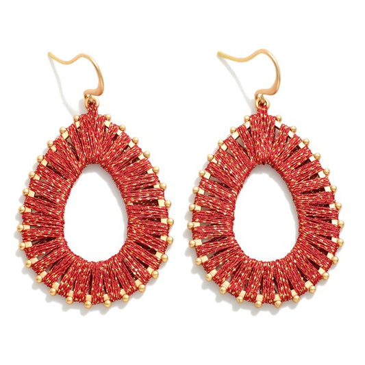 Red Glitter Yarn Wrapped Teardrop Drop Earrings Red