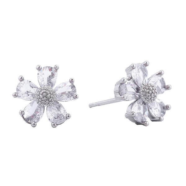 White Gold Dipped Cubic Zirconia Flower Stud Earrings Silver