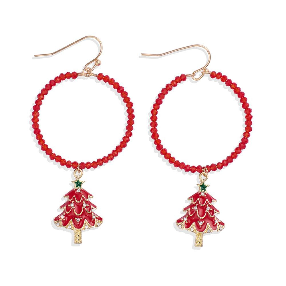 Faceted Beaded Hoop Earrings Featuring Painted Metal Christmas Tree Dangle Detail